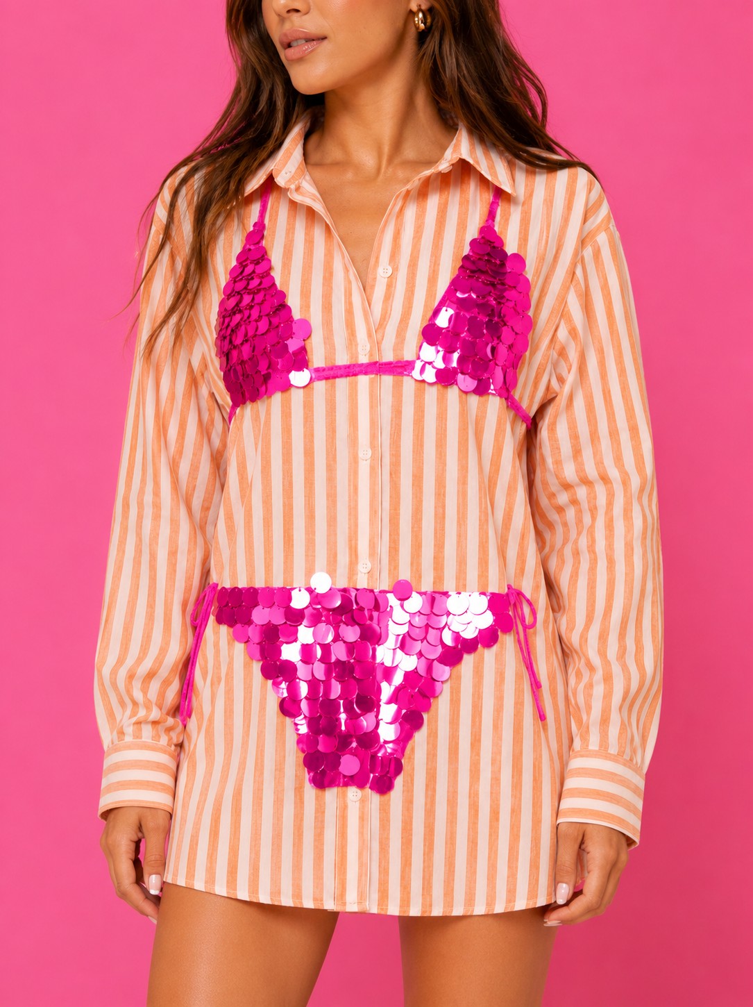 Queen of Sparkles Orange Stripe Pink Paillette Bikini Tunic-Cover Up-Queen Of Sparkles-Deja Nu Boutique, Women's Fashion Boutique in Lampasas, Texas