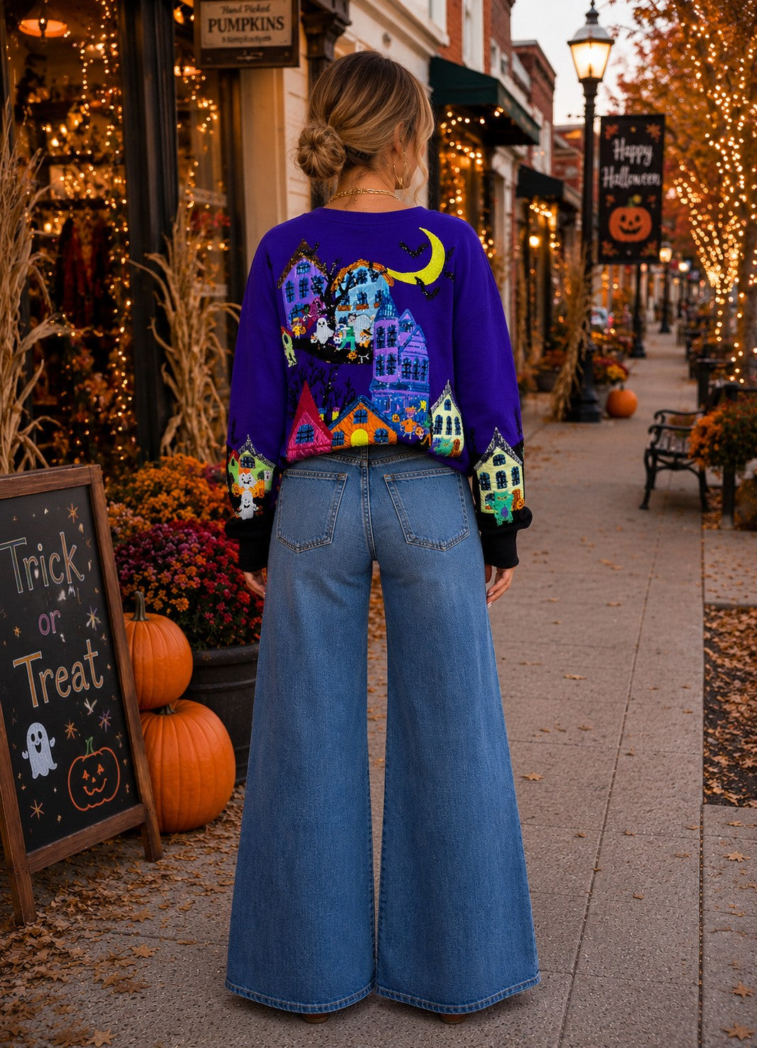 Queen of Sparkles Purple Trick or Treat Halloween Scene Sweatshirt-sweatshirt-Queen Of Sparkles-Deja Nu Boutique, Women's Fashion Boutique in Lampasas, Texas