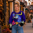 Queen of Sparkles Purple Trick or Treat Halloween Scene Sweatshirt-sweatshirt-Queen Of Sparkles-Deja Nu Boutique, Women's Fashion Boutique in Lampasas, Texas