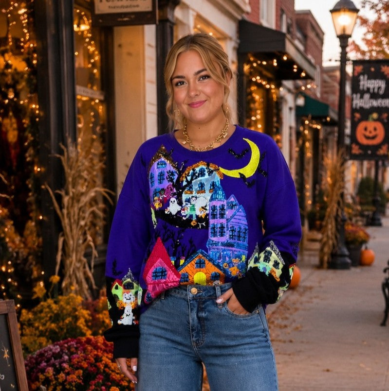 Queen of Sparkles Purple Trick or Treat Halloween Scene Sweatshirt-sweatshirt-Queen Of Sparkles-Deja Nu Boutique, Women's Fashion Boutique in Lampasas, Texas