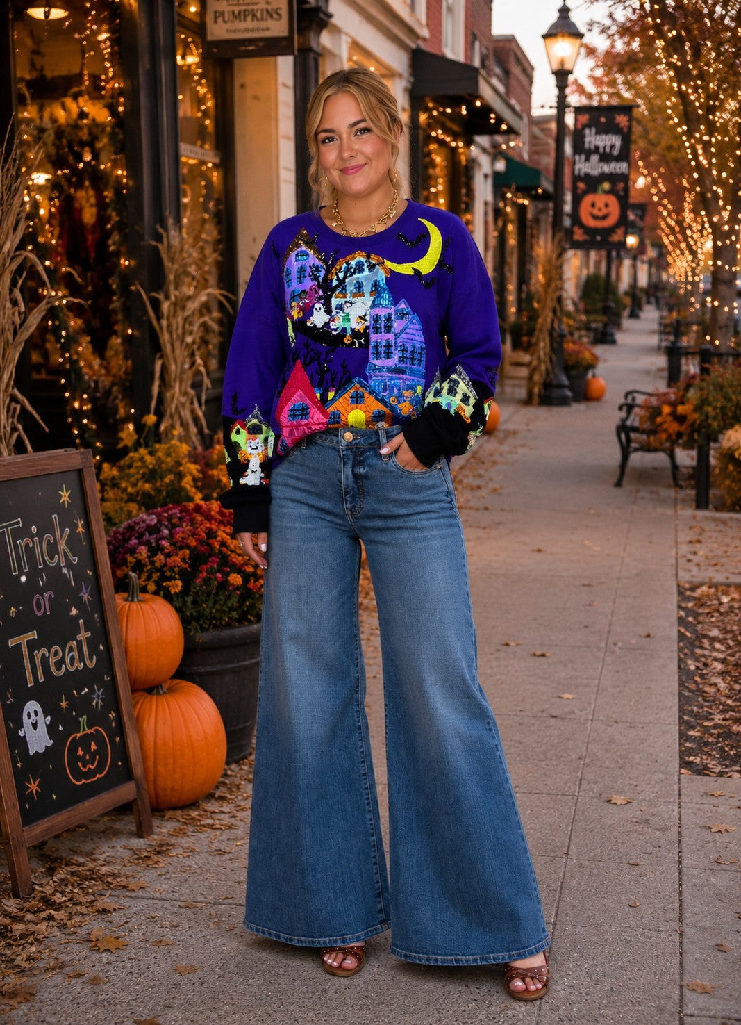 Queen of Sparkles Purple Trick or Treat Halloween Scene Sweatshirt-sweatshirt-Queen Of Sparkles-Deja Nu Boutique, Women's Fashion Boutique in Lampasas, Texas