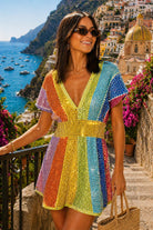 Queen of Sparkles Rainbow Rhinestone V-Neck Dress-mini dress-Queen Of Sparkles-Deja Nu Boutique, Women's Fashion Boutique in Lampasas, Texas