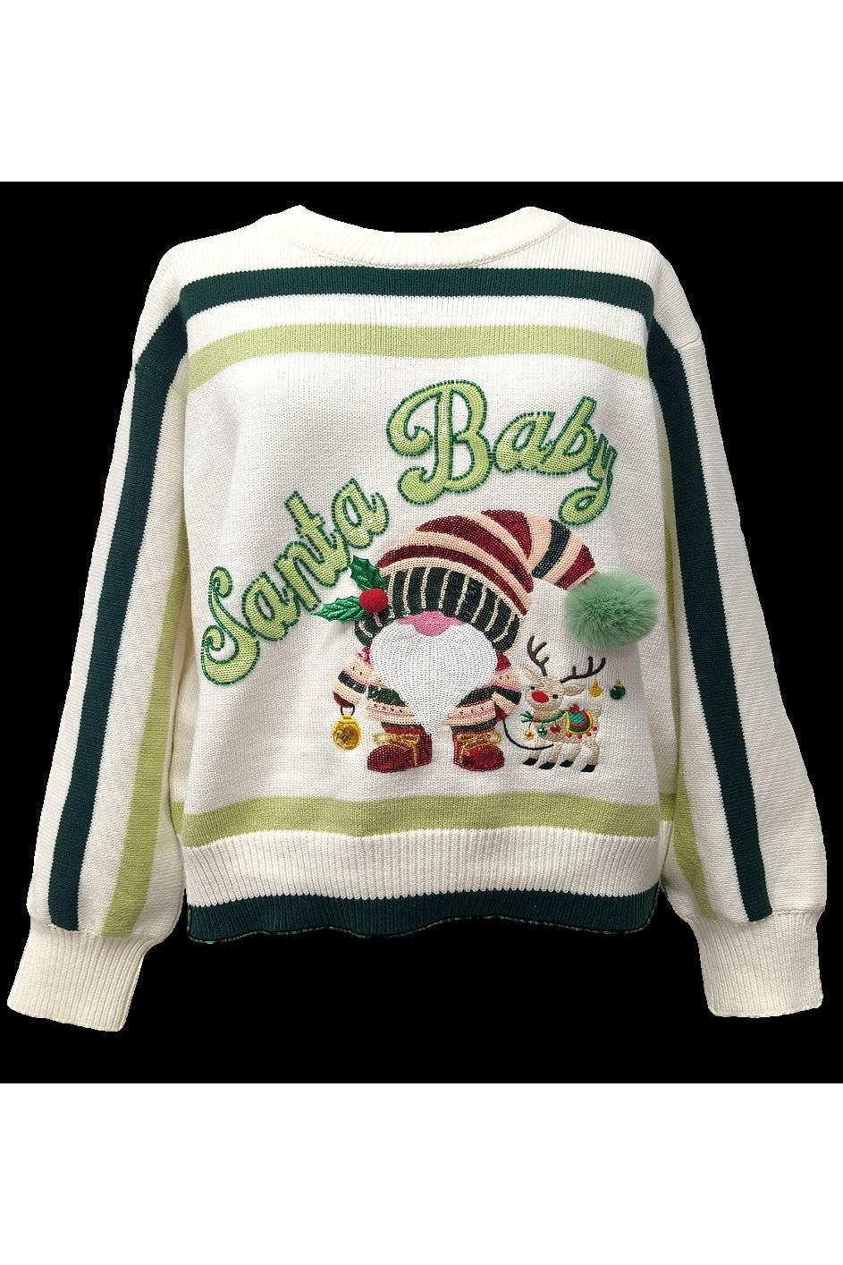 Queen of Sparkles Ivory & Green Striped ‘Santa Baby’ Gnome Sweater-Sweaters-Queen Of Sparkles-Deja Nu Boutique, Women's Fashion Boutique in Lampasas, Texas