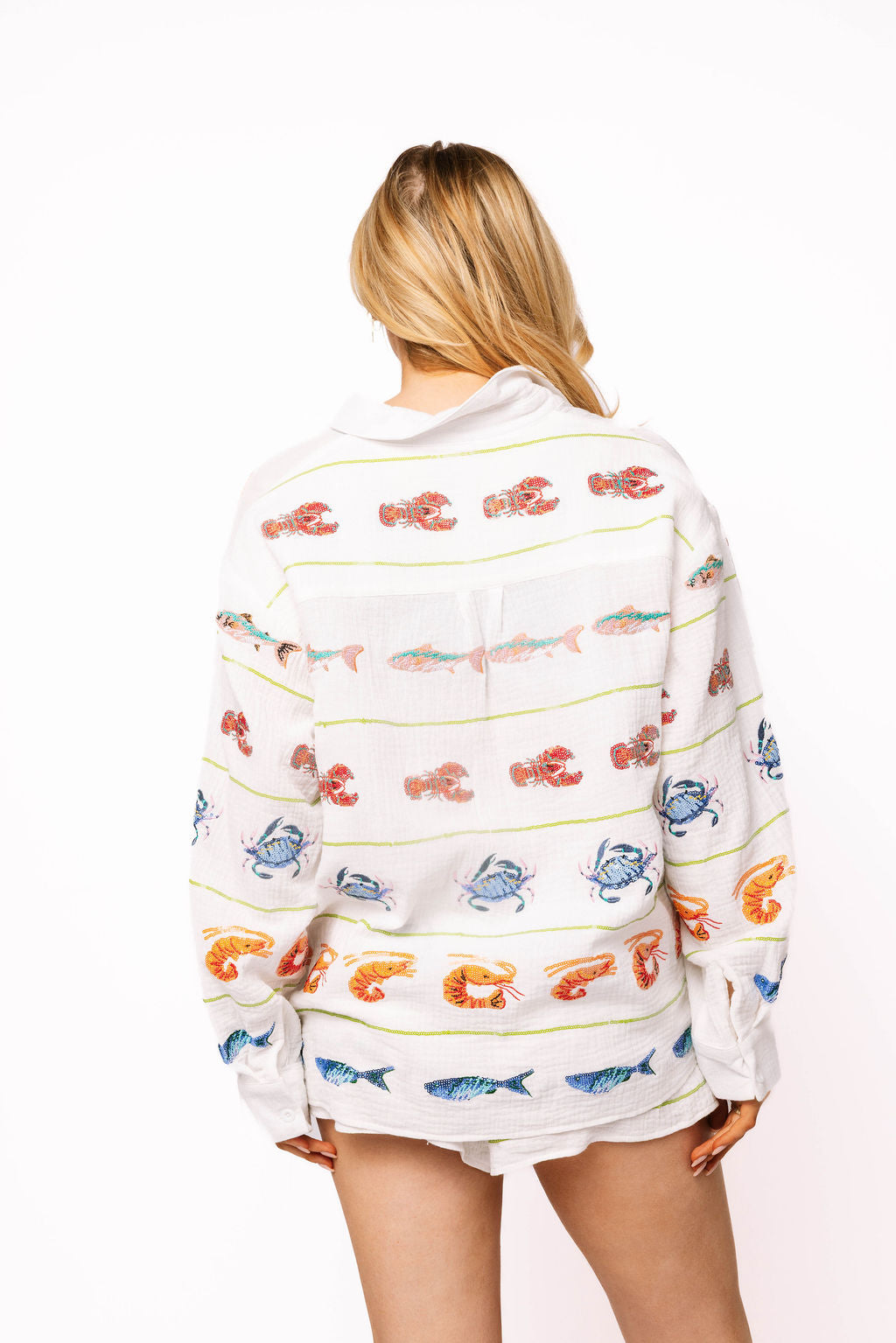 Queen of Sparkles White Striped Seafood Gauze Button Up Top-shirts-Queen Of Sparkles-Deja Nu Boutique, Women's Fashion Boutique in Lampasas, Texas