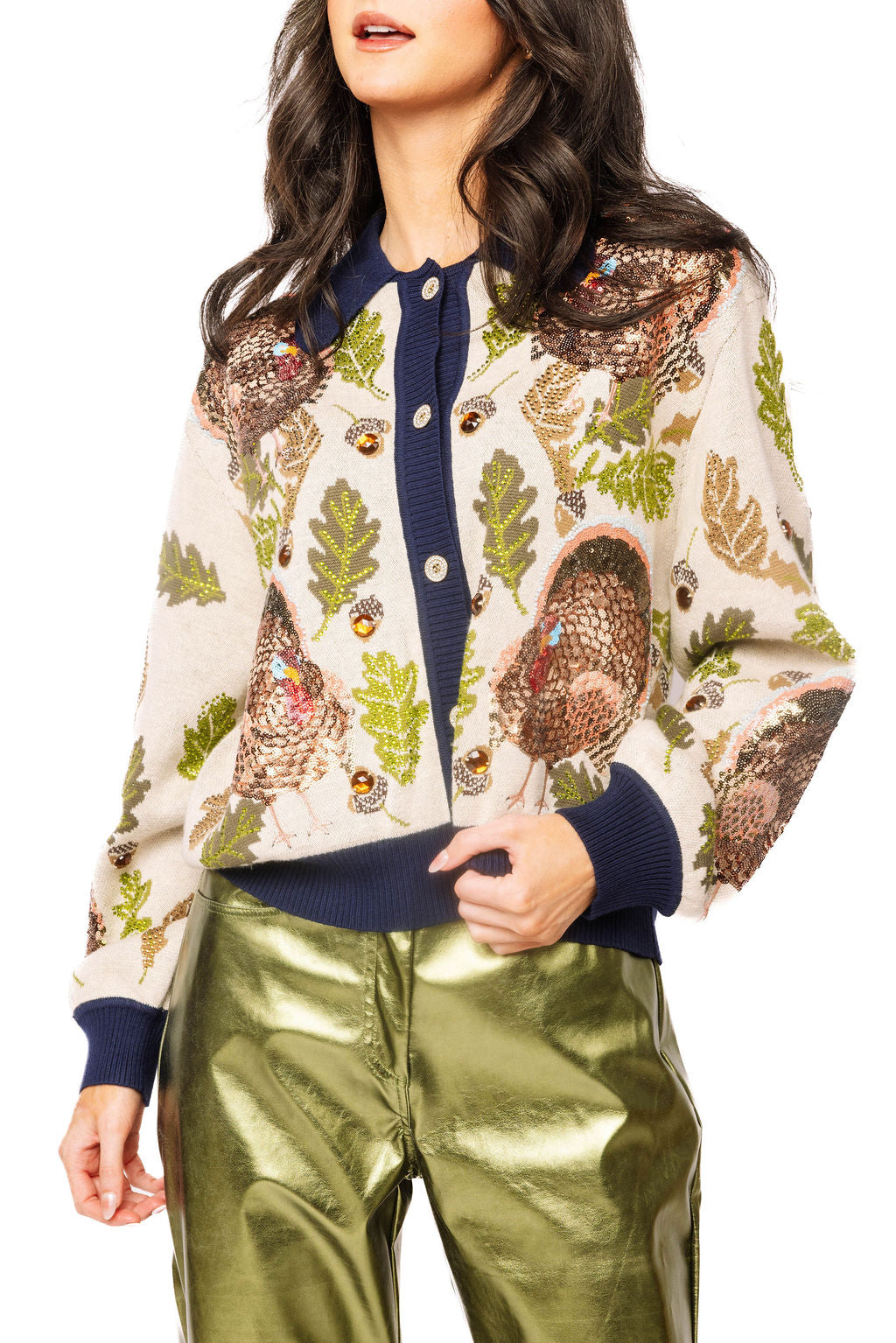 Queen of Sparkles Navy Trim Turkey, Leaf & Acorn Button Up Cardigan-Cardigans & Kimonos-Queen Of Sparkles-Deja Nu Boutique, Women's Fashion Boutique in Lampasas, Texas