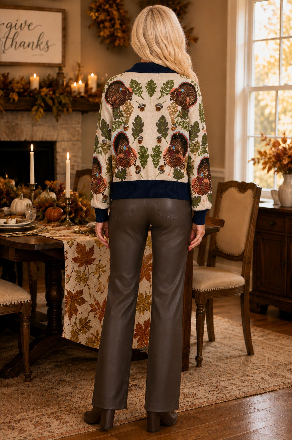 Queen of Sparkles Navy Trim Turkey, Leaf & Acorn Button Up Cardigan-Cardigans & Kimonos-Queen Of Sparkles-Deja Nu Boutique, Women's Fashion Boutique in Lampasas, Texas