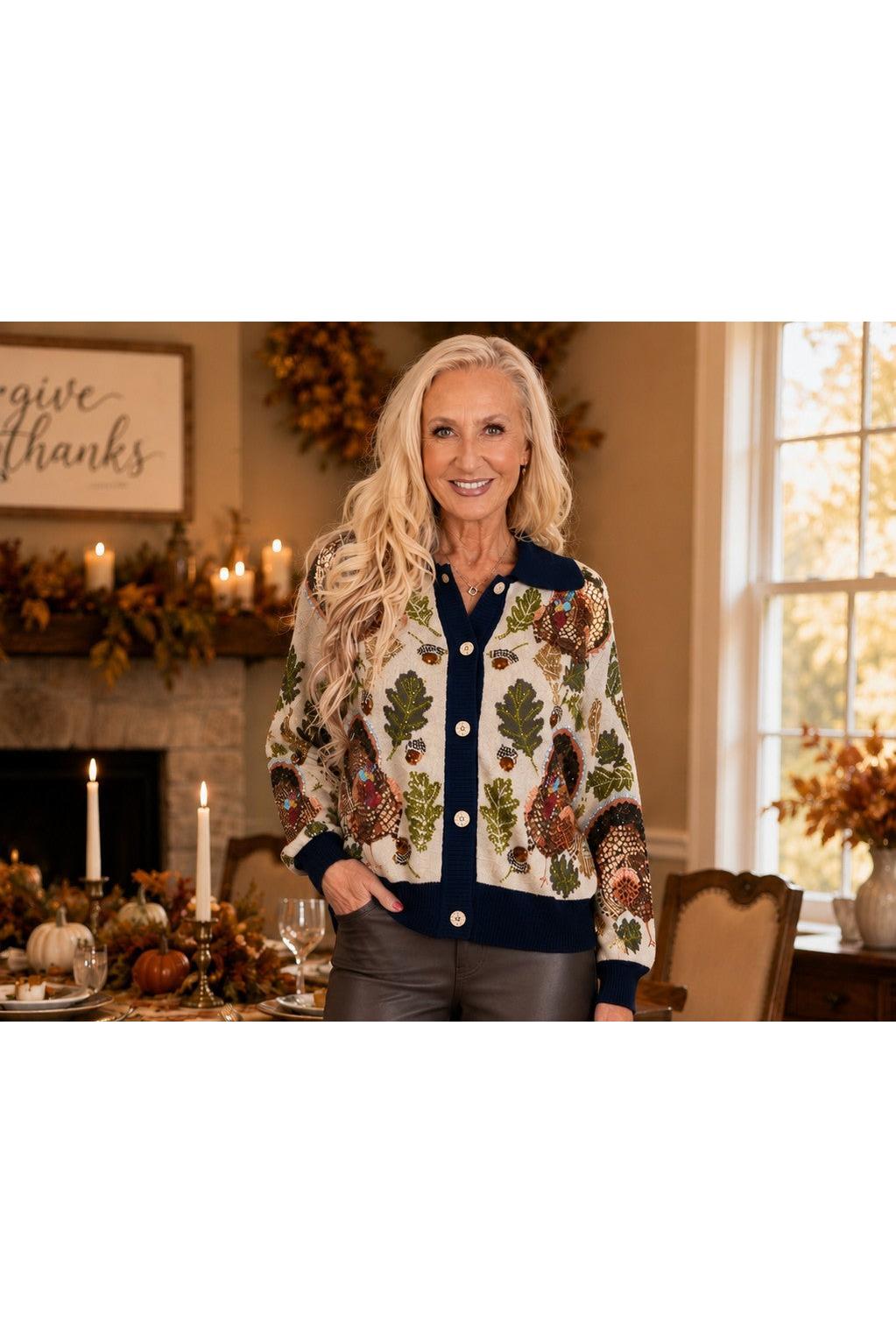 Queen of Sparkles Navy Trim Turkey, Leaf & Acorn Button Up Cardigan-Cardigans & Kimonos-Queen Of Sparkles-Deja Nu Boutique, Women's Fashion Boutique in Lampasas, Texas