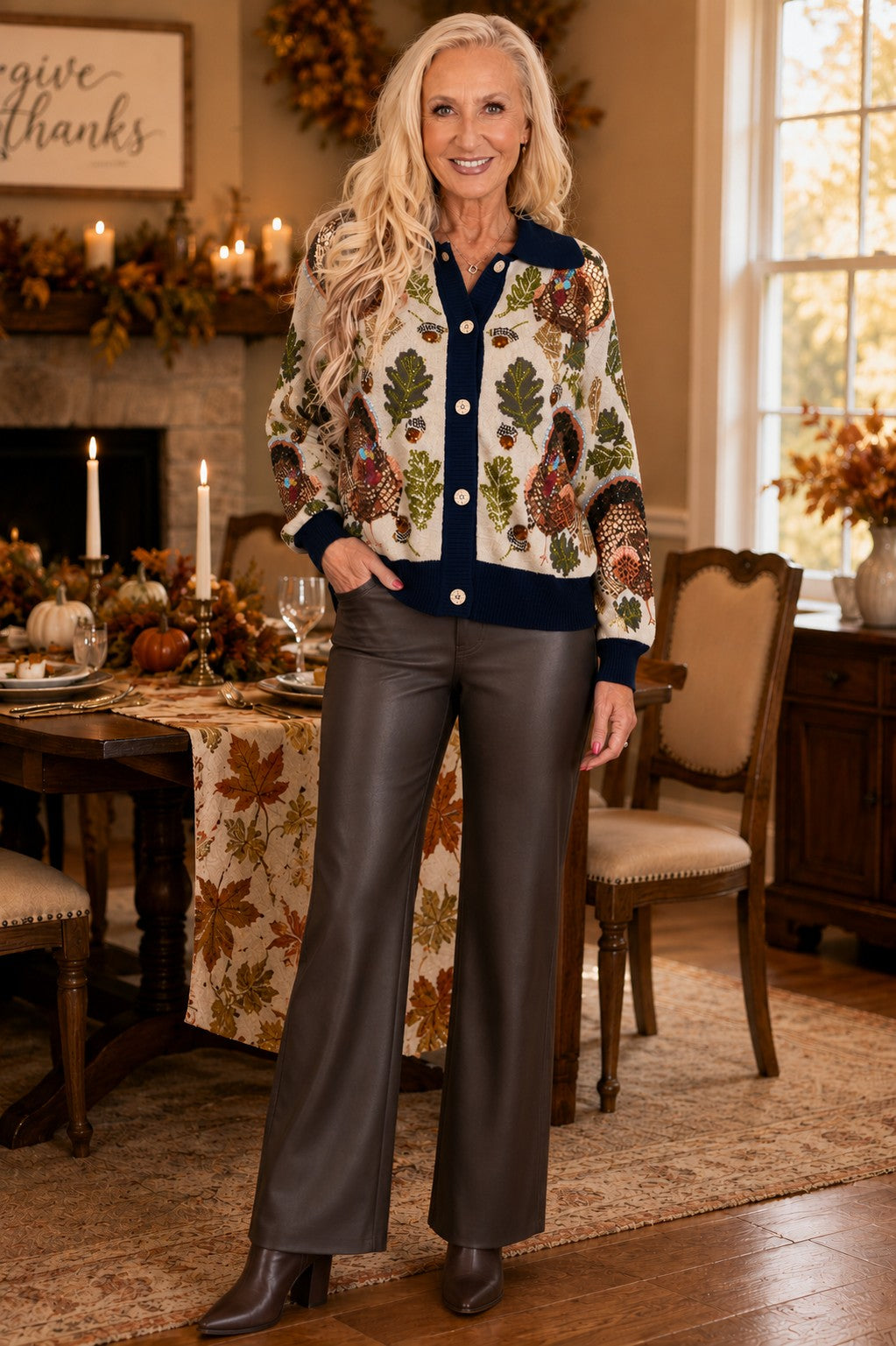Queen of Sparkles Navy Trim Turkey, Leaf & Acorn Button Up Cardigan-Cardigans & Kimonos-Queen Of Sparkles-Deja Nu Boutique, Women's Fashion Boutique in Lampasas, Texas