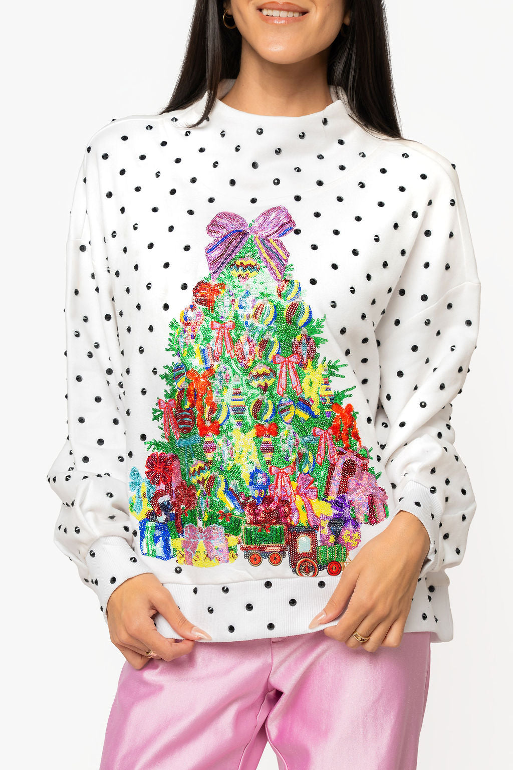 Queen of Sparkles White & Black Polka Dot Multi Christmas Tree Mockneck Sweatshirt-sweatshirt-Queen Of Sparkles-Deja Nu Boutique, Women's Fashion Boutique in Lampasas, Texas