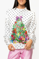Queen of Sparkles White & Black Polka Dot Multi Christmas Tree Mockneck Sweatshirt-sweatshirt-Queen Of Sparkles-Deja Nu Boutique, Women's Fashion Boutique in Lampasas, Texas