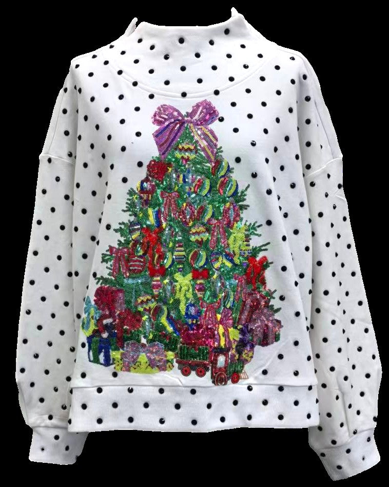 Queen of Sparkles White & Black Polka Dot Multi Christmas Tree Mockneck Sweatshirt-sweatshirt-Queen Of Sparkles-Deja Nu Boutique, Women's Fashion Boutique in Lampasas, Texas