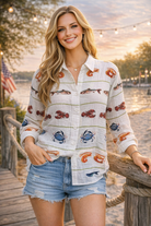 Queen of Sparkles White Striped Seafood Gauze Button Up Top-shirts-Queen Of Sparkles-Deja Nu Boutique, Women's Fashion Boutique in Lampasas, Texas
