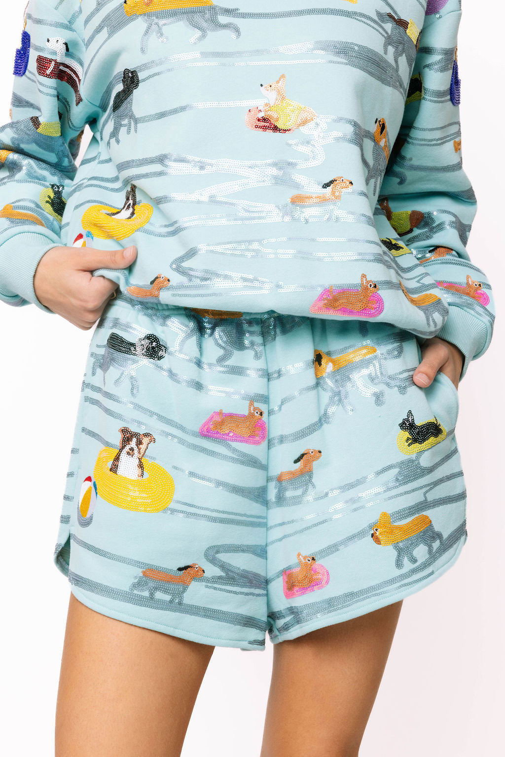 Queen of Sparkles Blue Dogs Swimming on Floats Shorts-Shorts-Queen Of Sparkles-Deja Nu Boutique, Women's Fashion Boutique in Lampasas, Texas