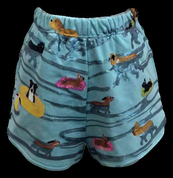 Queen of Sparkles Blue Dogs Swimming on Floats Shorts-Shorts-Queen Of Sparkles-Deja Nu Boutique, Women's Fashion Boutique in Lampasas, Texas