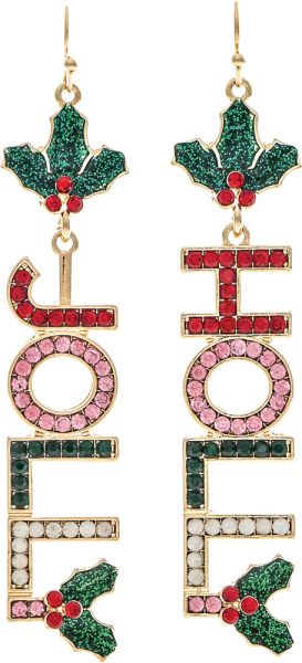 Rain Gold Crystal Holly Jolly Christmas Word Earrings-Earrings-Rain Jewelry Collection-Deja Nu Boutique, Women's Fashion Boutique in Lampasas, Texas