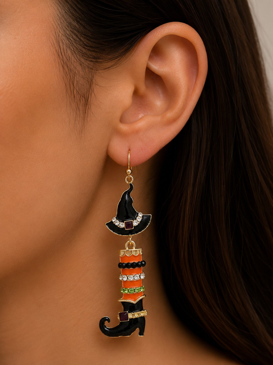Rain Gold Crystal Witchy Boot Halloween Earrings-Earrings-Rain Jewelry Collection-Deja Nu Boutique, Women's Fashion Boutique in Lampasas, Texas