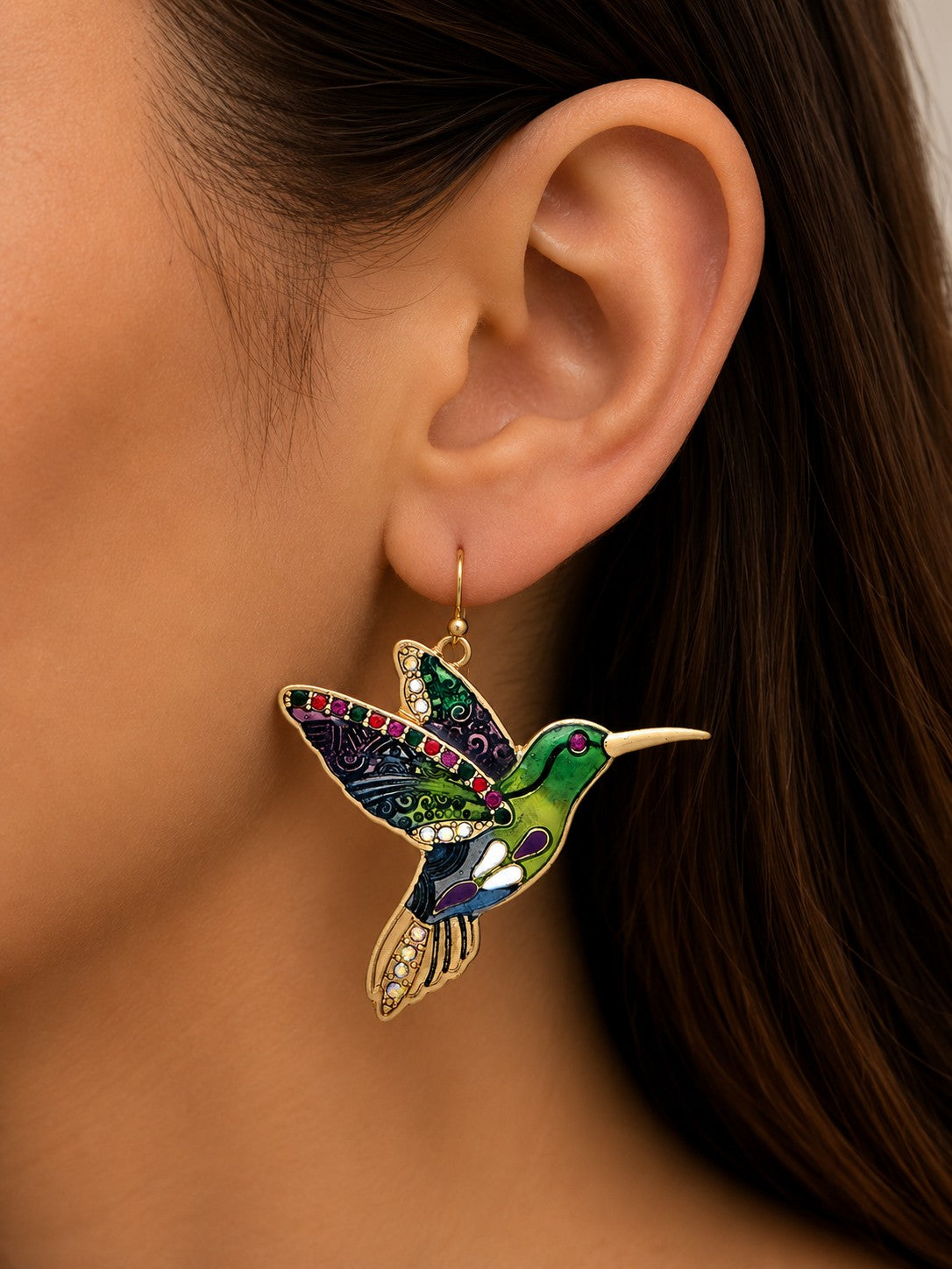 Rain Gold Multicolor Inlay Crystal Hummingbird Earrings-Earrings-Rain Jewelry Collection-Deja Nu Boutique, Women's Fashion Boutique in Lampasas, Texas