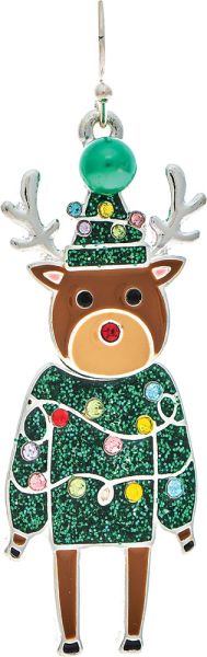 Rain Silver Green Sweater Reindeer Bobble Head Holiday Lights Sweater Enamel Earrings-Earrings-Rain Jewelry Collection-Deja Nu Boutique, Women's Fashion Boutique in Lampasas, Texas