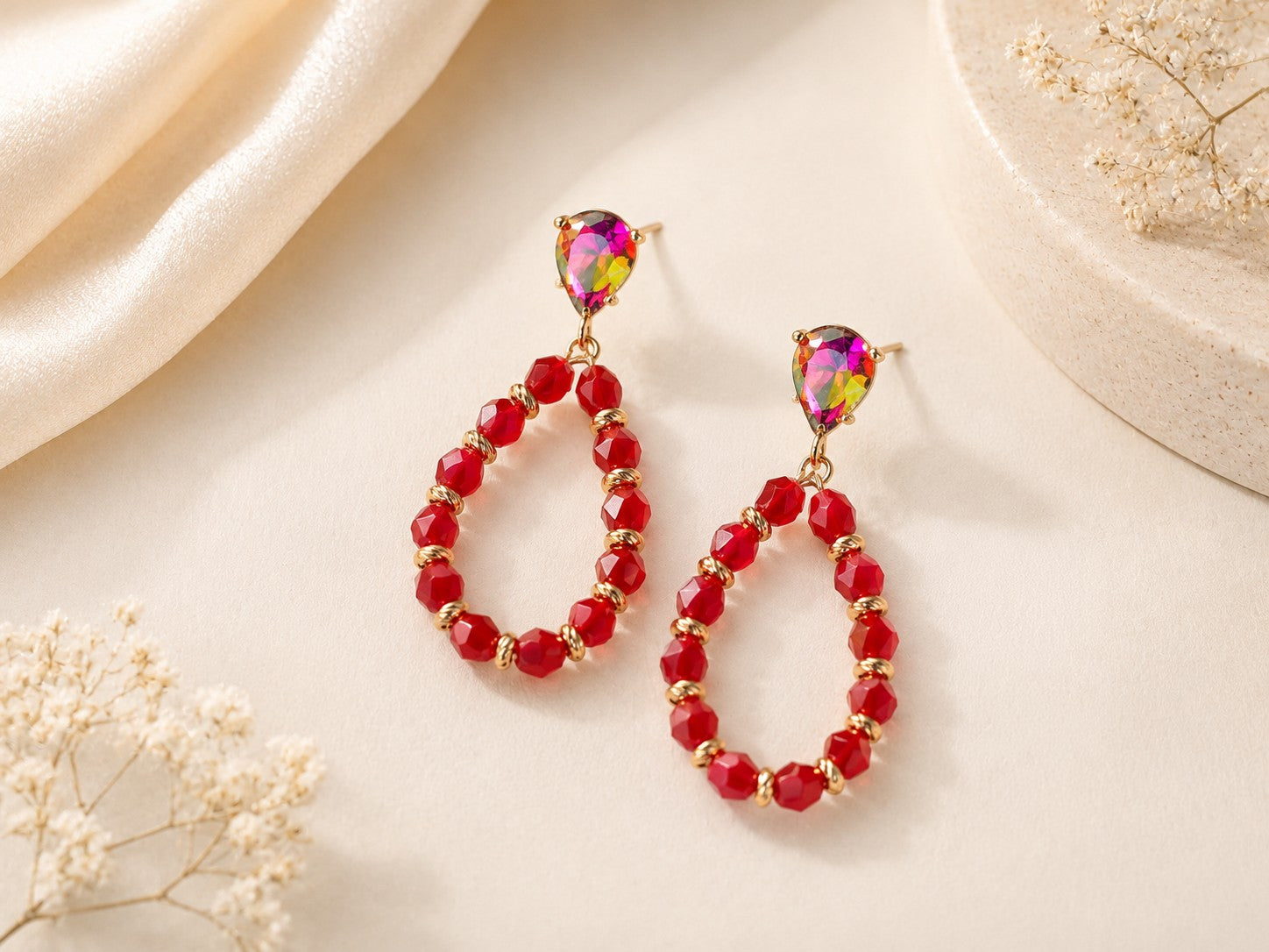 Red Beaded Rhinestone Hoop Earrings-Earrings-Deja Nu-Deja Nu Boutique, Women's Fashion Boutique in Lampasas, Texas