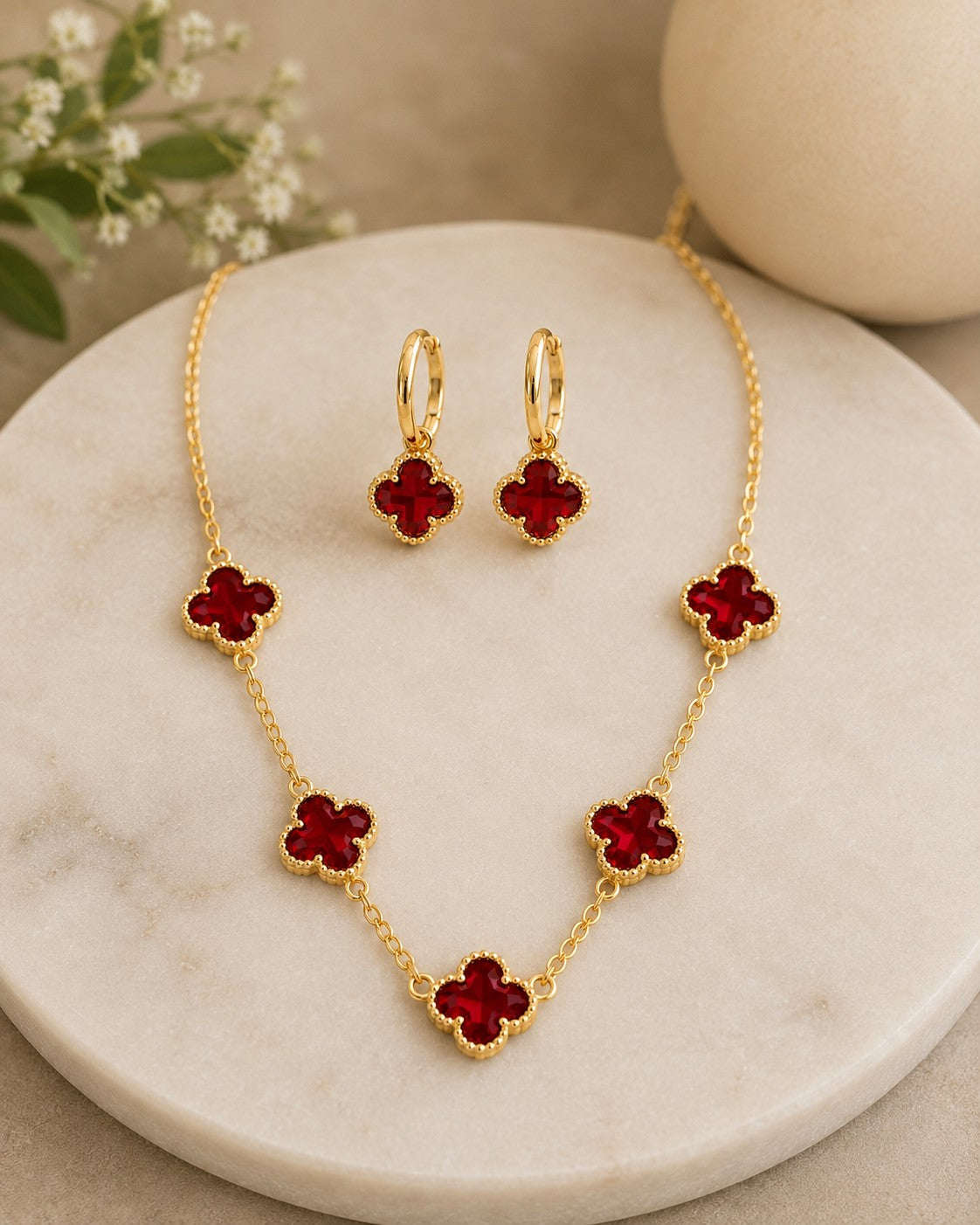 Ruby Red Clover Necklace & Earring Collection-Necklace Set-Deja Nu-Deja Nu Boutique, Women's Fashion Boutique in Lampasas, Texas