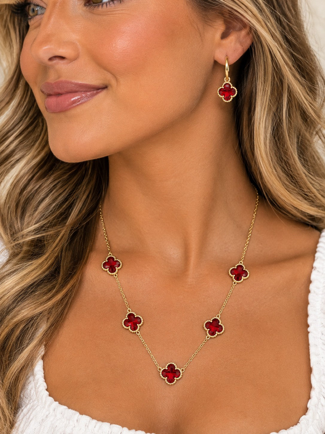Ruby Red Clover Necklace & Earring Collection-Necklace Set-Deja Nu-Deja Nu Boutique, Women's Fashion Boutique in Lampasas, Texas