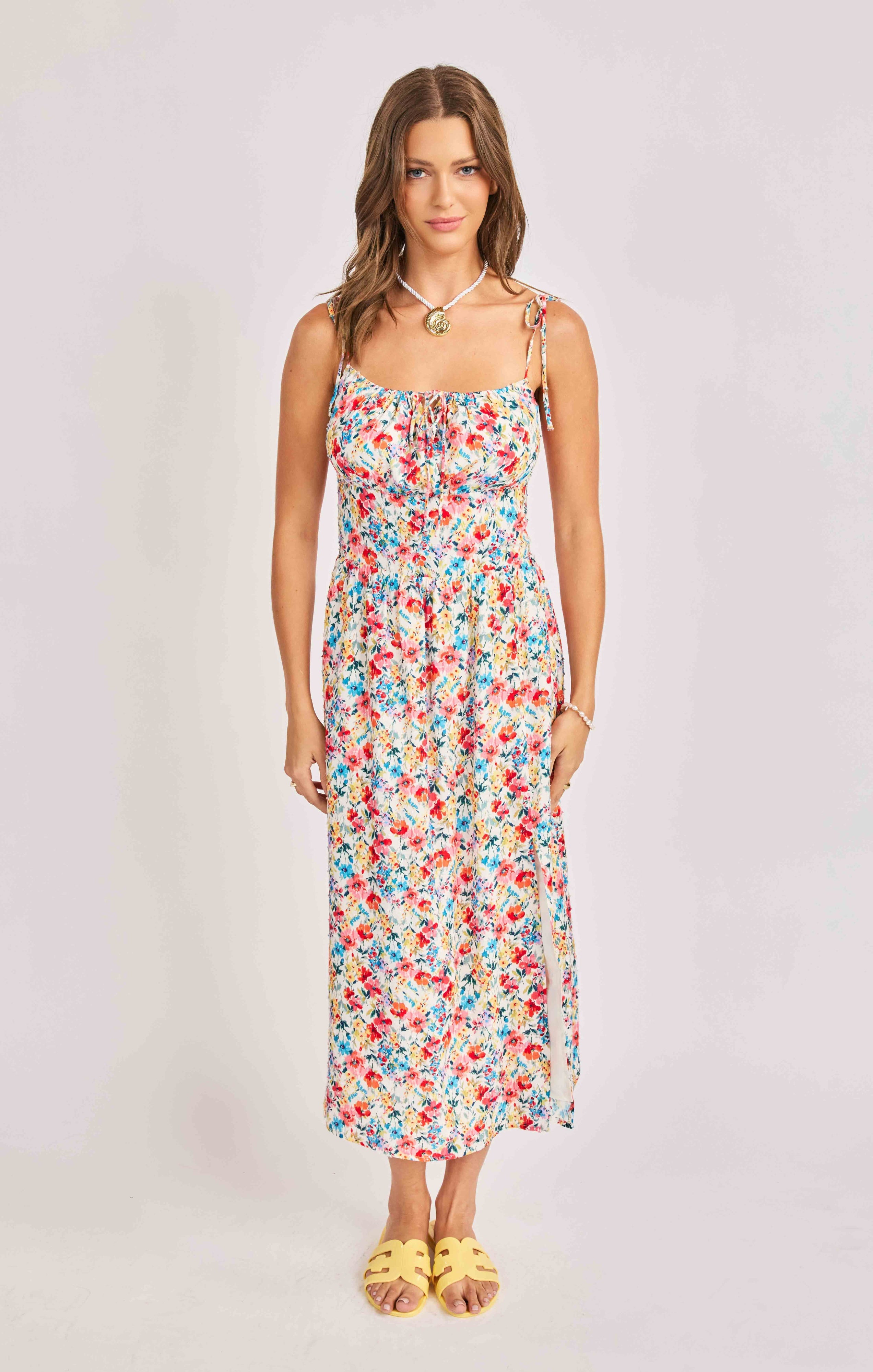 Sadie & Sage Cove Tie Strap Floral Midi Dress – Cream Multi-Midi Dresses-Sadie & Sage-Deja Nu Boutique, Women's Fashion Boutique in Lampasas, Texas