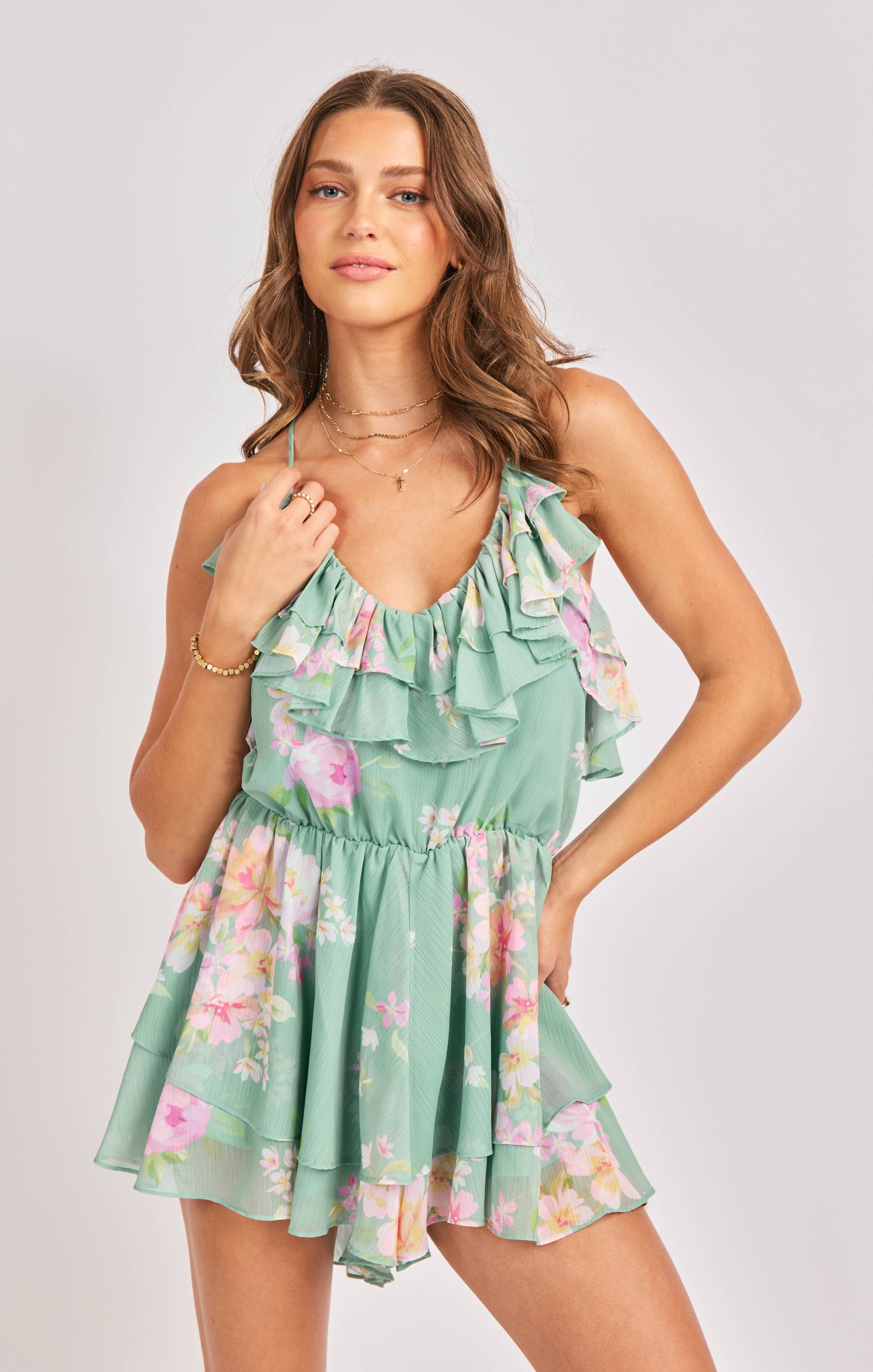 Sadie & Sage Desert Rose Sage Floral Ruffle Romper-Rompers & Jumpsuits-Sadie & Sage-Deja Nu Boutique, Women's Fashion Boutique in Lampasas, Texas