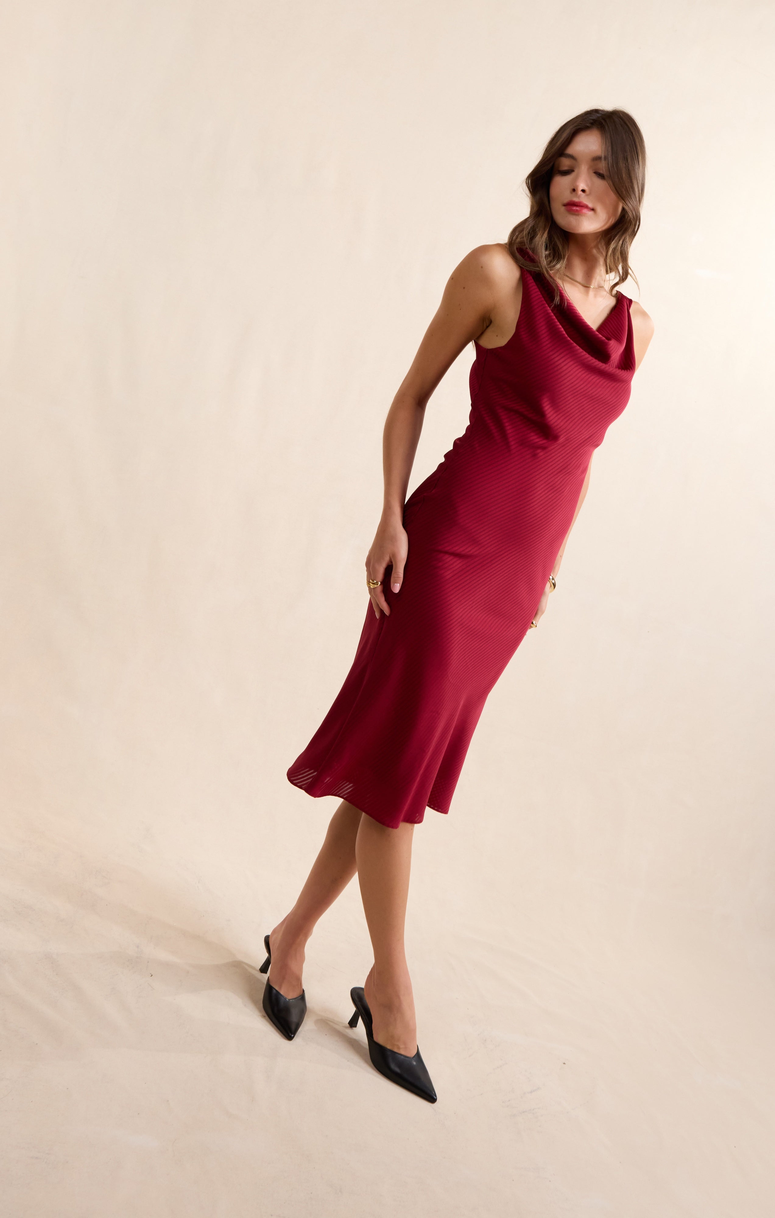 Sadie & Sage Inner Circle Cowl Neck Midi Dress in Red-Midi Dresses-Sadie & Sage-Deja Nu Boutique, Women's Fashion Boutique in Lampasas, Texas