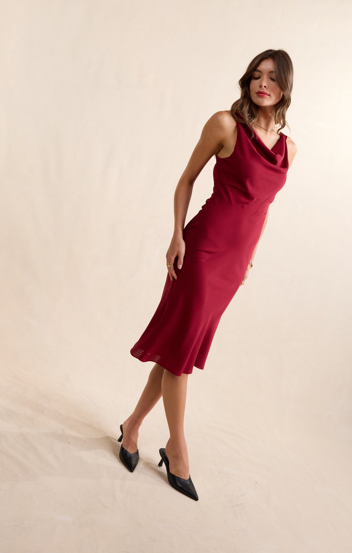 Sadie & Sage Inner Circle Cowl Neck Midi Dress in Red-Midi Dresses-Sadie & Sage-Deja Nu Boutique, Women's Fashion Boutique in Lampasas, Texas