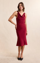 Sadie & Sage Inner Circle Cowl Neck Midi Dress in Red-Midi Dresses-Sadie & Sage-Deja Nu Boutique, Women's Fashion Boutique in Lampasas, Texas