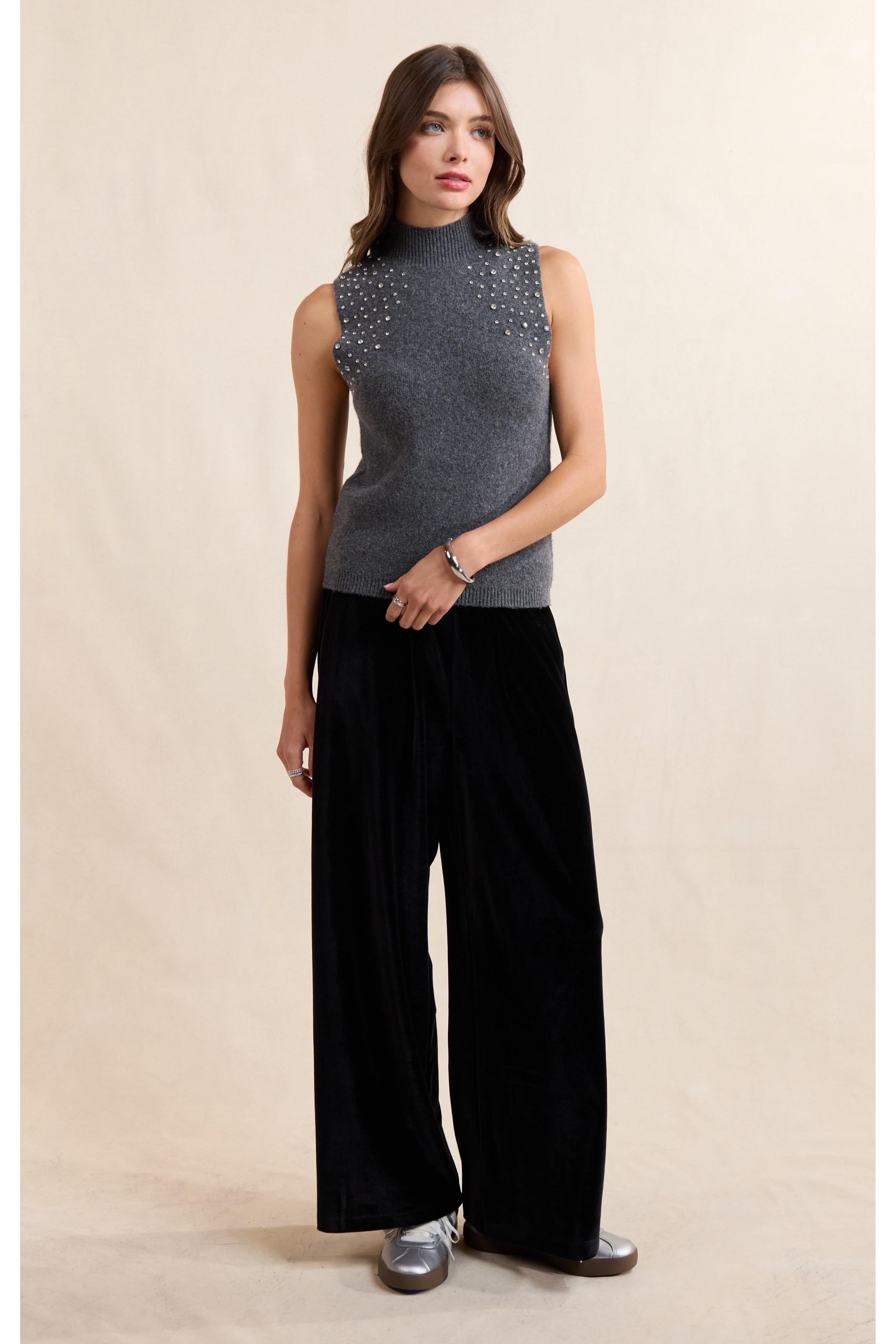 Sadie & Sage Shelby Embellished Sweater Vest in Charcoal-Vest-Sadie & Sage-Deja Nu Boutique, Women's Fashion Boutique in Lampasas, Texas