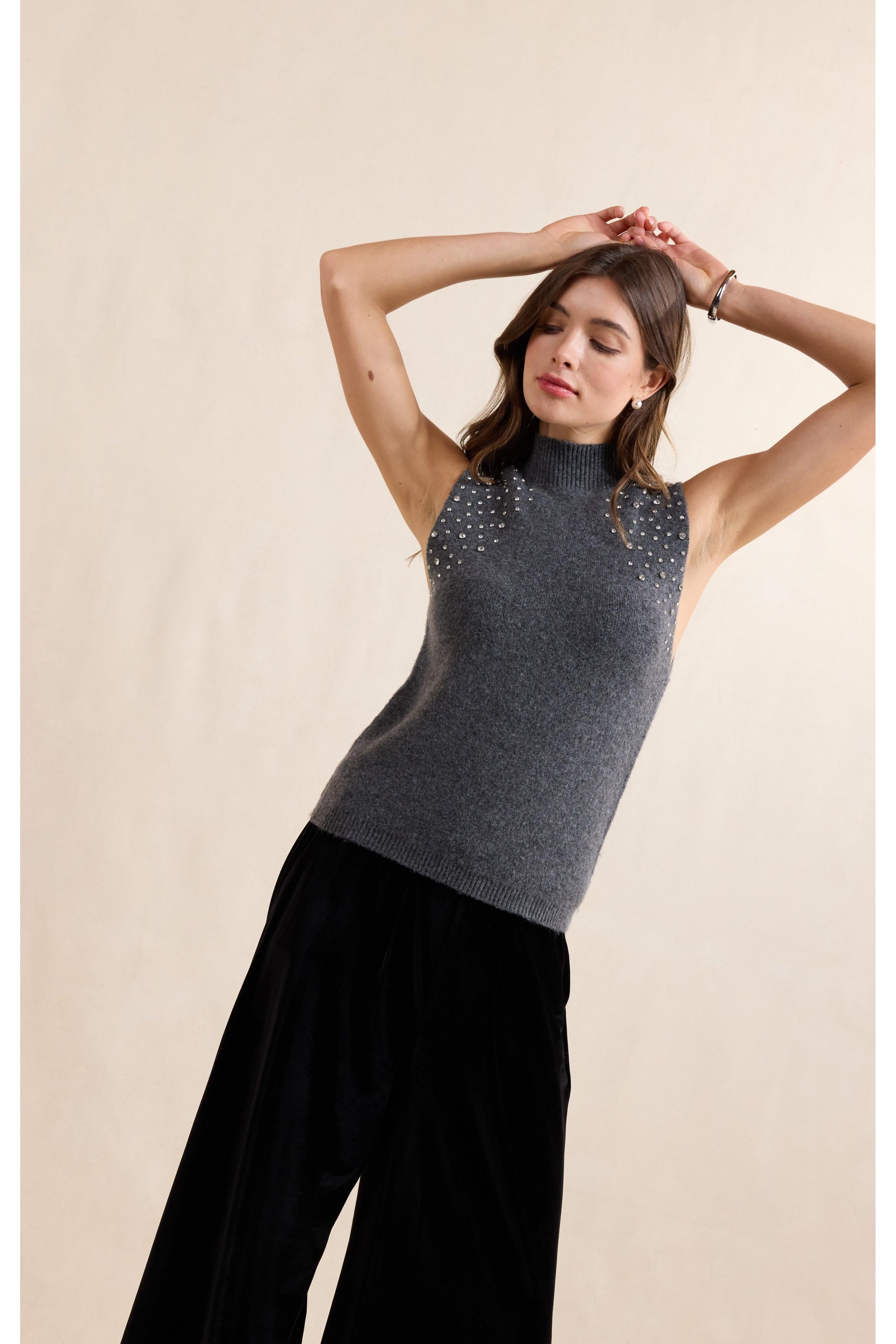 Sadie & Sage Shelby Embellished Sweater Vest in Charcoal-Vest-Sadie & Sage-Deja Nu Boutique, Women's Fashion Boutique in Lampasas, Texas