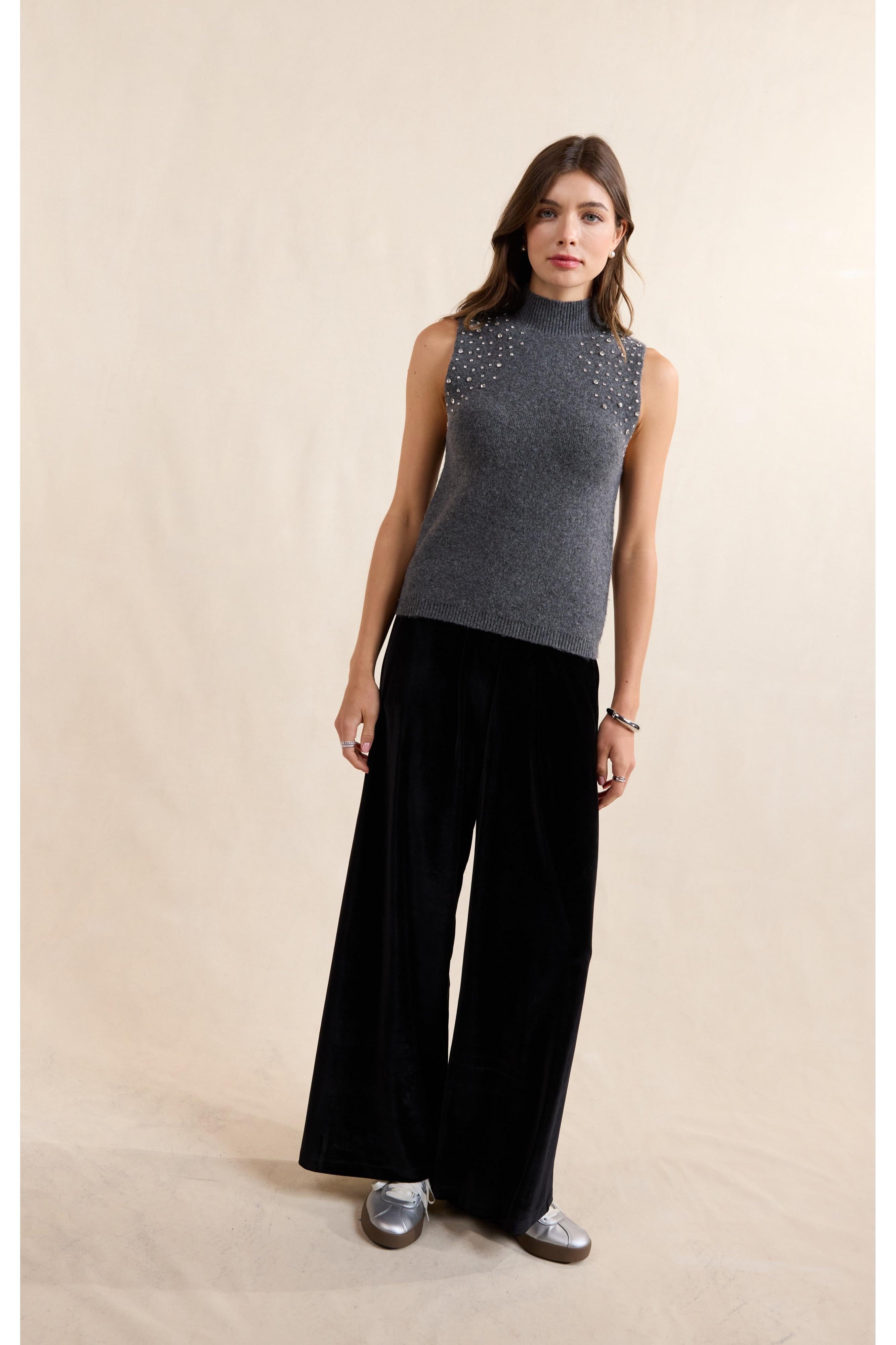 Sadie & Sage Shelby Embellished Sweater Vest in Charcoal-Vest-Sadie & Sage-Deja Nu Boutique, Women's Fashion Boutique in Lampasas, Texas
