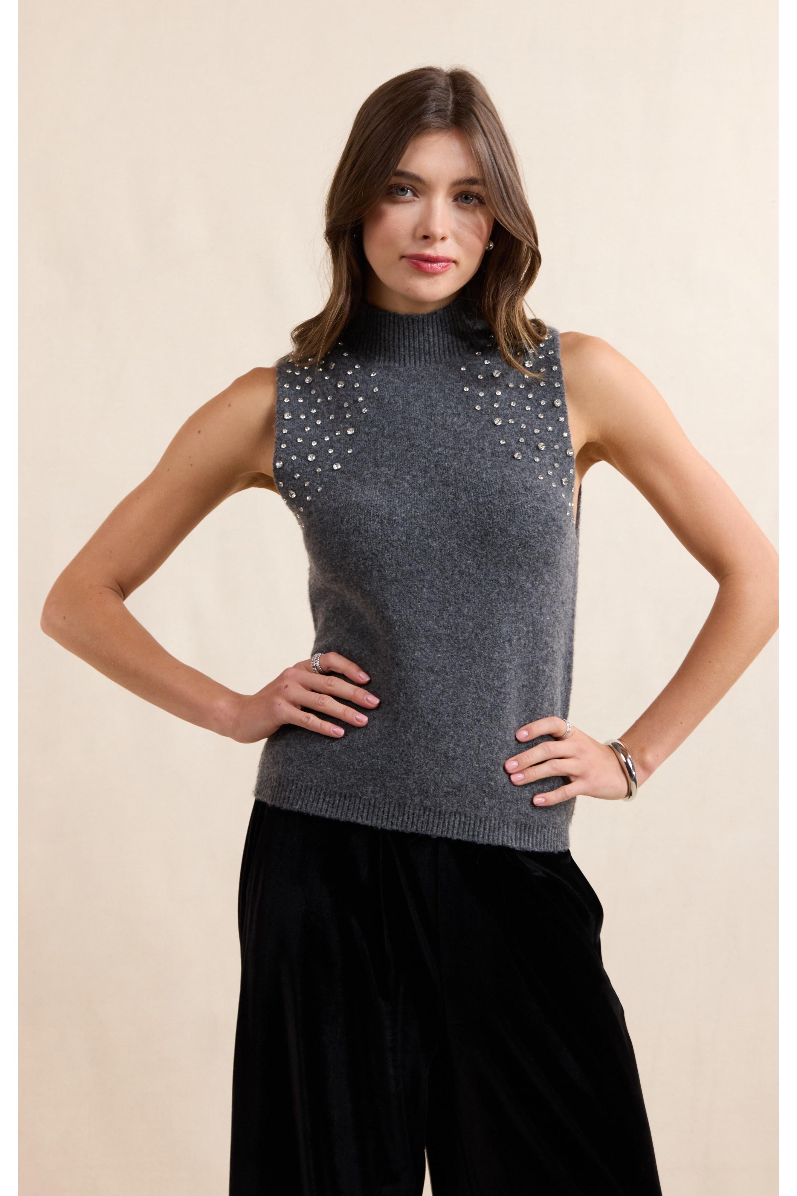Sadie & Sage Shelby Embellished Sweater Vest in Charcoal-Vest-Sadie & Sage-Deja Nu Boutique, Women's Fashion Boutique in Lampasas, Texas