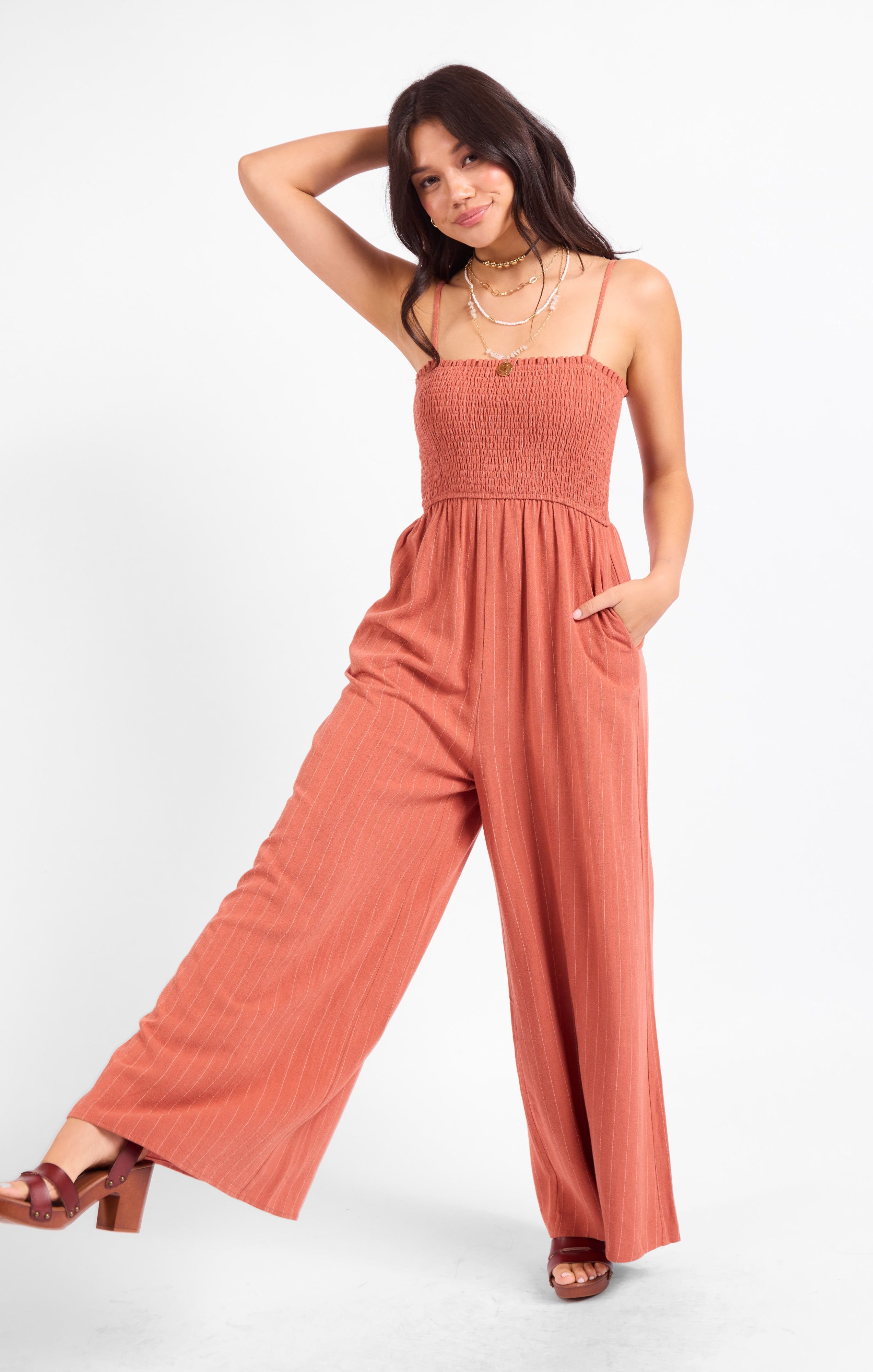 Sadie & Sage Sugarloaf Stripe Jumpsuit - Mahogany White-Rompers & Jumpsuits-Sadie & Sage-Deja Nu Boutique, Women's Fashion Boutique in Lampasas, Texas
