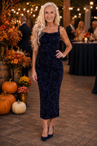Sage The Label Begonia Ruched Midi Dress in Navy/Black-Midi Dresses-Sage The Label-Deja Nu Boutique, Women's Fashion Boutique in Lampasas, Texas