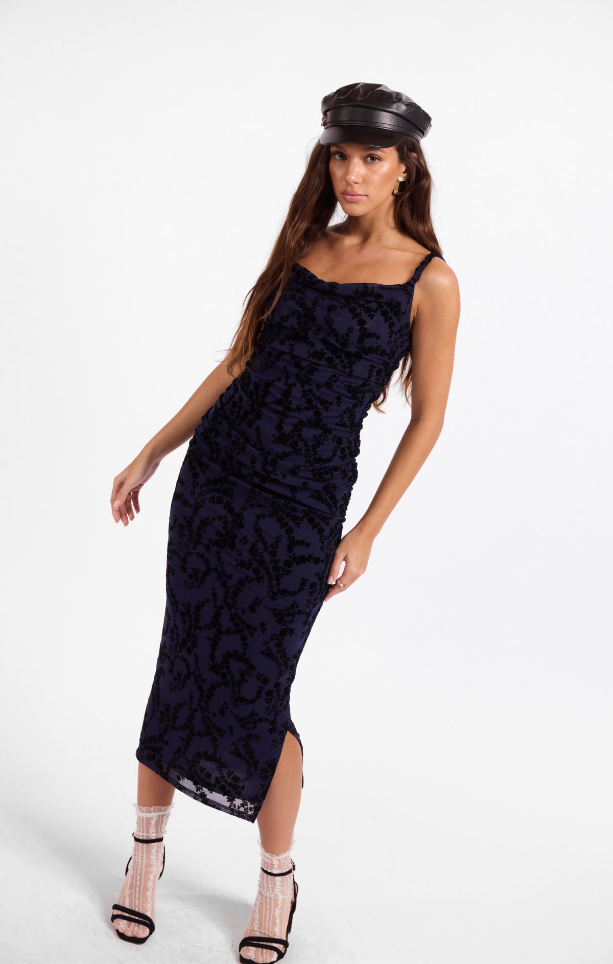 Sage The Label Begonia Ruched Midi Dress in Navy/Black-Midi Dresses-Sage The Label-Deja Nu Boutique, Women's Fashion Boutique in Lampasas, Texas
