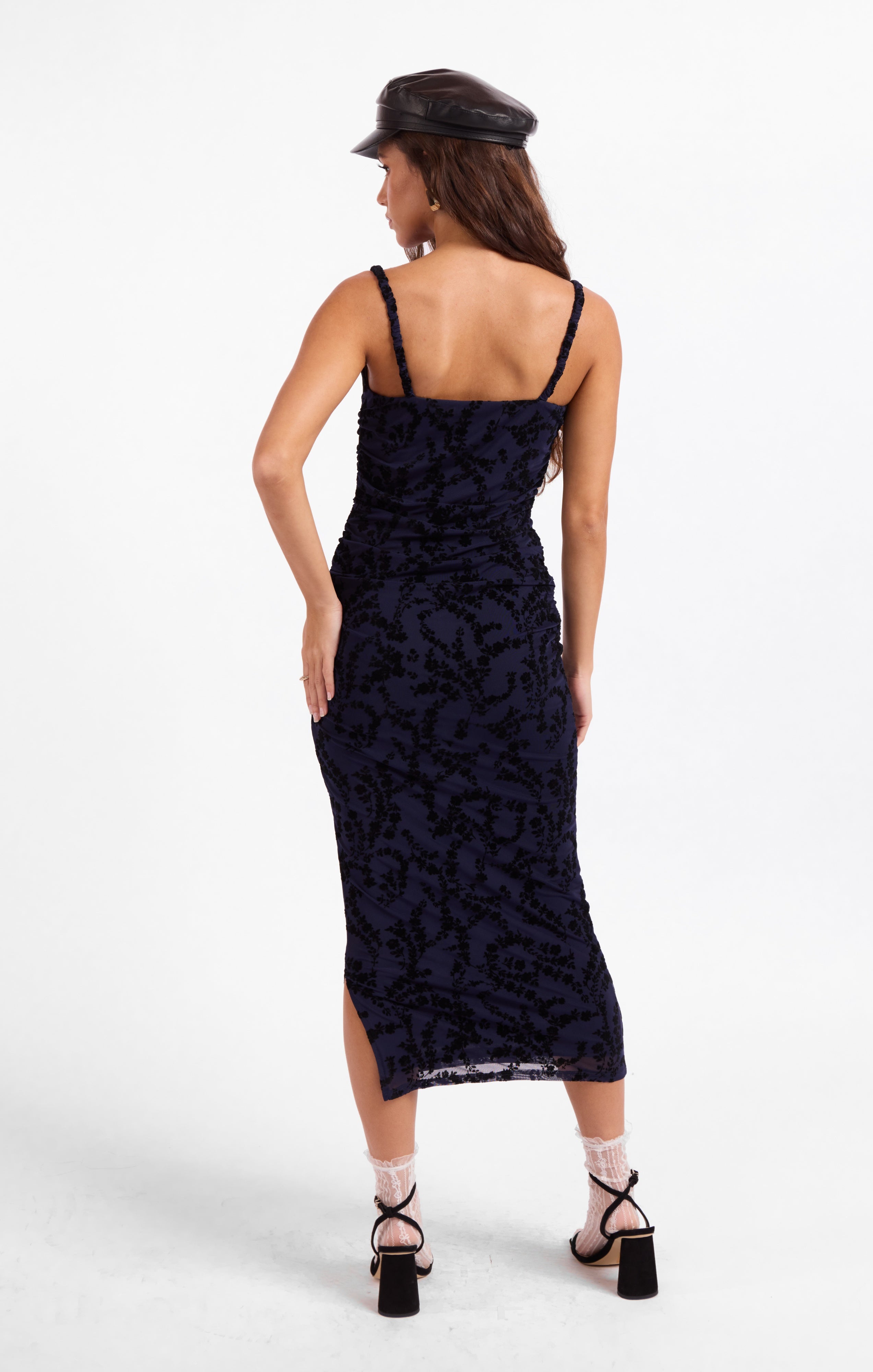 Sage The Label Begonia Ruched Midi Dress in Navy/Black-Midi Dresses-Sage The Label-Deja Nu Boutique, Women's Fashion Boutique in Lampasas, Texas