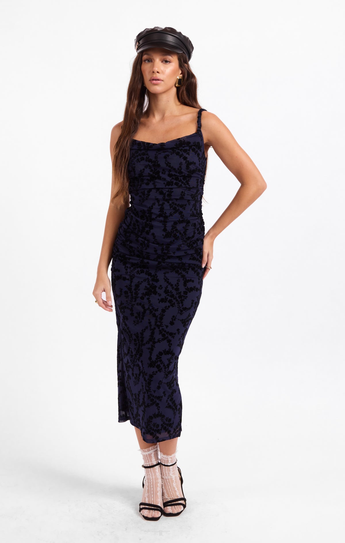 Sage The Label Begonia Ruched Midi Dress in Navy/Black-Midi Dresses-Sage The Label-Deja Nu Boutique, Women's Fashion Boutique in Lampasas, Texas