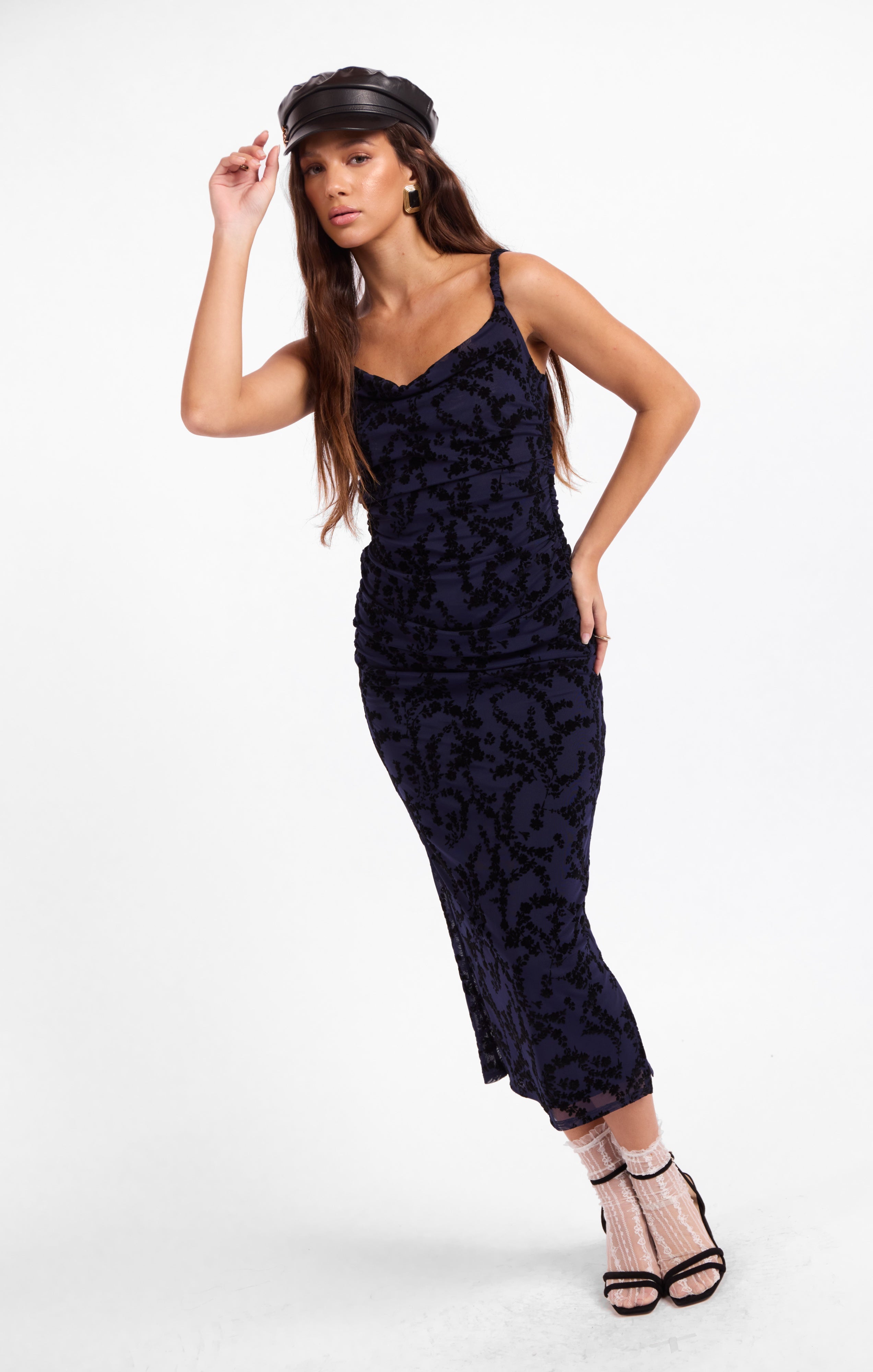 Sage The Label Begonia Ruched Midi Dress in Navy/Black-Midi Dresses-Sage The Label-Deja Nu Boutique, Women's Fashion Boutique in Lampasas, Texas