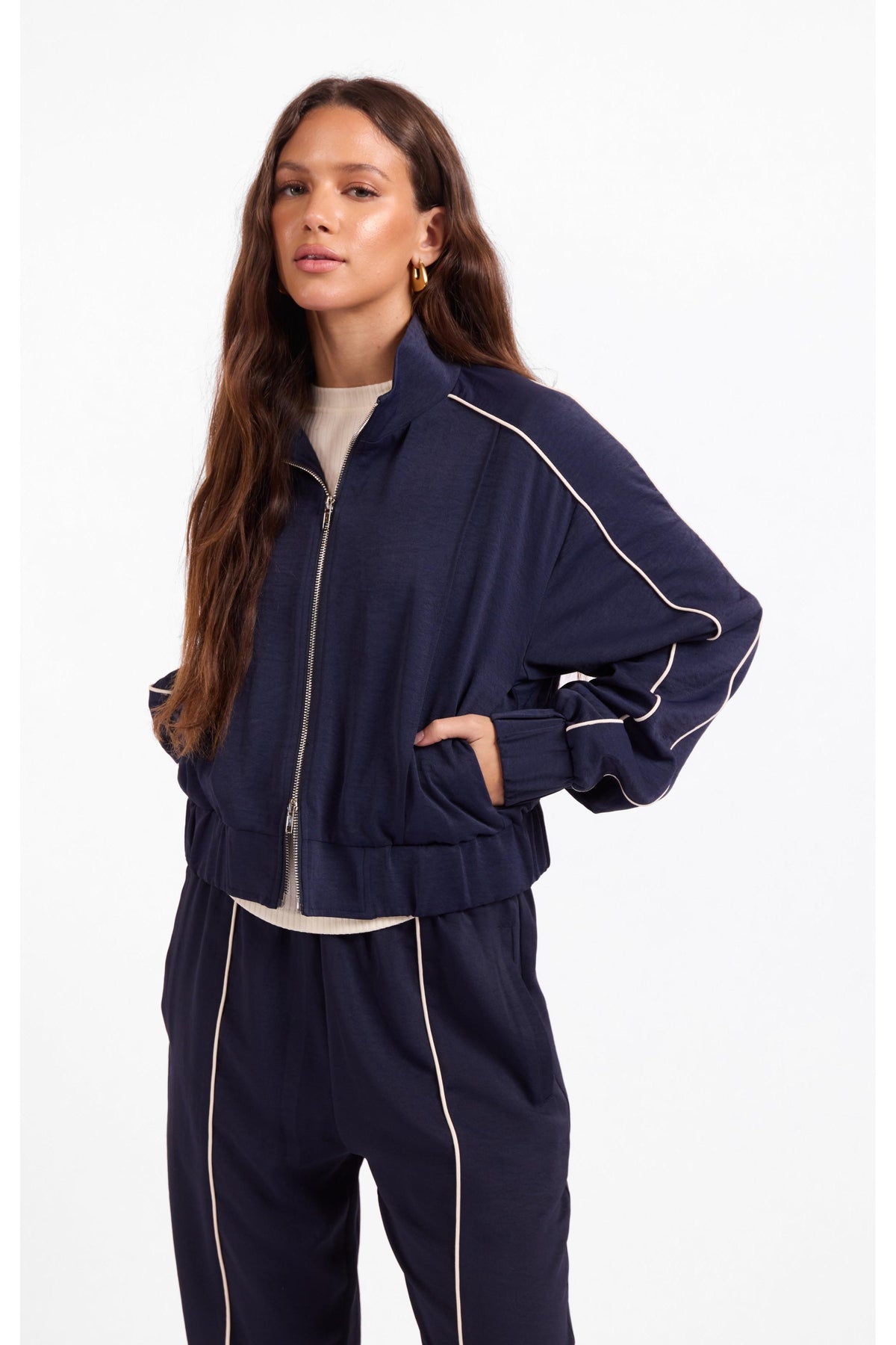 Sage the Label Bike Ride Track Jacket in Navy Ivory-Jackets-Sage The Label-Deja Nu Boutique, Women's Fashion Boutique in Lampasas, Texas