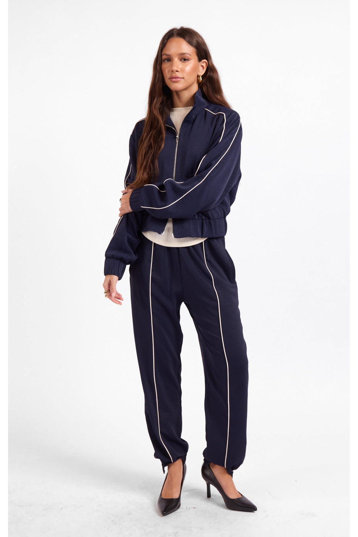 Sage the Label Bike Ride Track Jacket in Navy Ivory-Jackets-Sage The Label-Deja Nu Boutique, Women's Fashion Boutique in Lampasas, Texas
