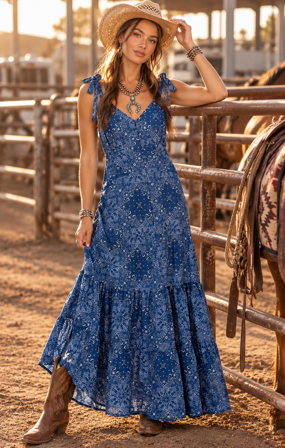 Sage the Label NUCOUNTRY Maxi Dress in Blue Multi-Maxi Dresses-Sage The Label-Deja Nu Boutique, Women's Fashion Boutique in Lampasas, Texas