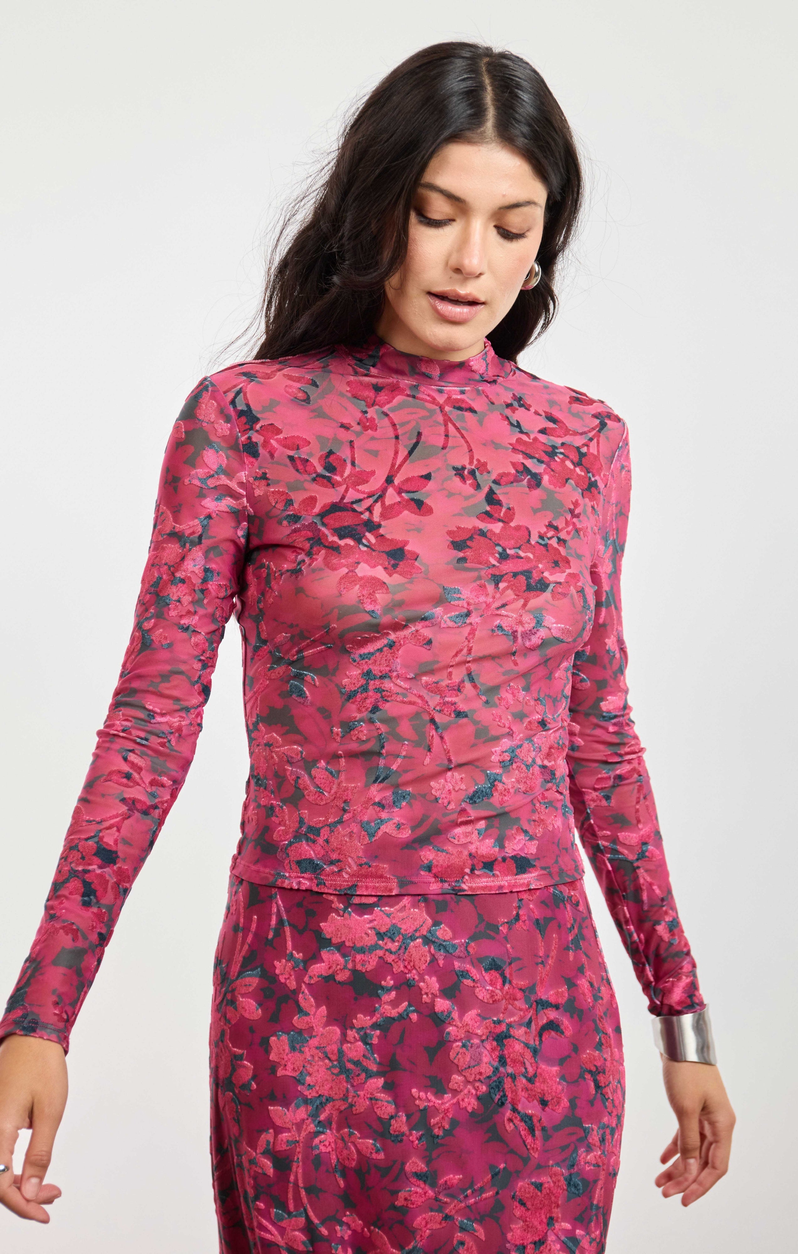 Sage the Label Velvet Rebellion Mock Neck Top in Fuchsia Multi-sheer top-Sage The Label-Deja Nu Boutique, Women's Fashion Boutique in Lampasas, Texas
