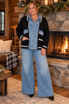 Tempo Paris Black Denim Detail Two Pocket Sweater Jacket-Outerwear-Tempo Paris-Deja Nu Boutique, Women's Fashion Boutique in Lampasas, Texas