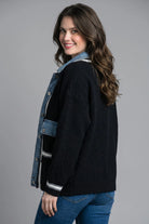 Tempo Paris Black Denim Detail Two Pocket Sweater Jacket-Outerwear-Tempo Paris-Deja Nu Boutique, Women's Fashion Boutique in Lampasas, Texas