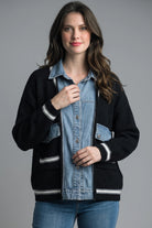 Tempo Paris Black Denim Detail Two Pocket Sweater Jacket-Outerwear-Tempo Paris-Deja Nu Boutique, Women's Fashion Boutique in Lampasas, Texas