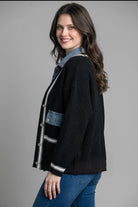 Tempo Paris Black Denim Detail Two Pocket Sweater Jacket-Outerwear-Tempo Paris-Deja Nu Boutique, Women's Fashion Boutique in Lampasas, Texas