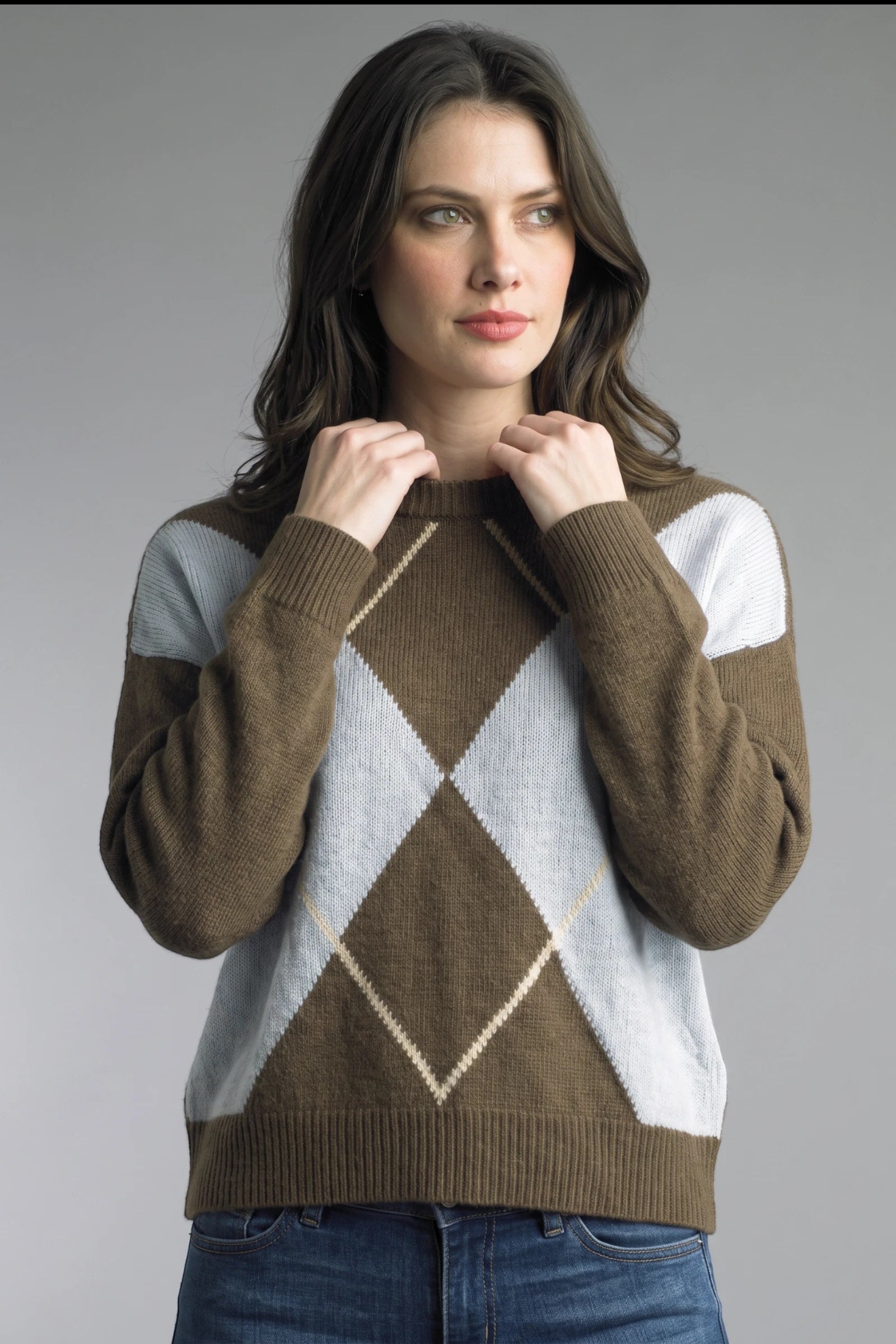Tempo Paris Coco Diamond Grid Sweater in Brown-Sweaters-Tempo Paris-Deja Nu Boutique, Women's Fashion Boutique in Lampasas, Texas