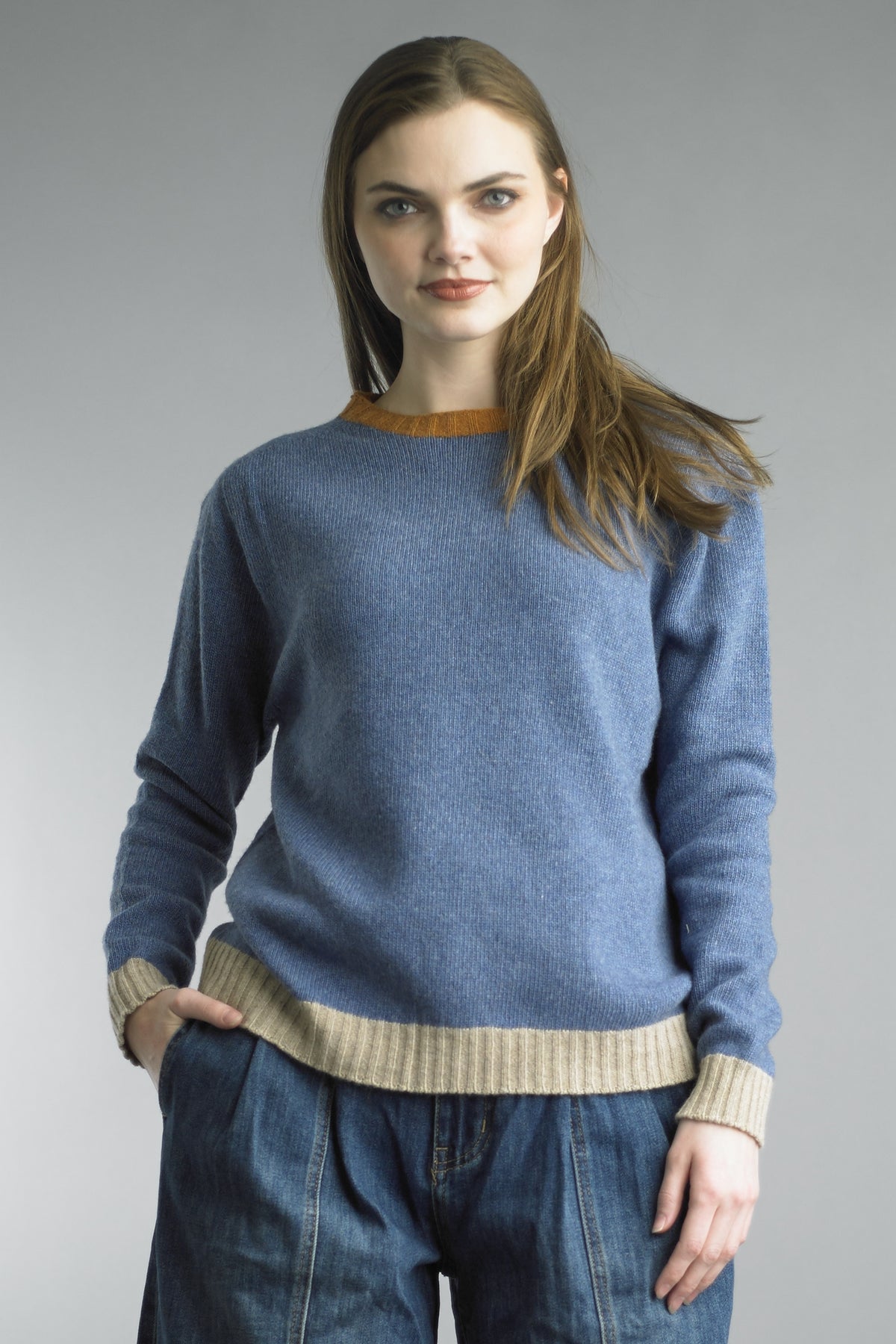 Tempo Paris Denim Blue Contrast Trim Sweater-Sweaters-Tempo Paris-Deja Nu Boutique, Women's Fashion Boutique in Lampasas, Texas